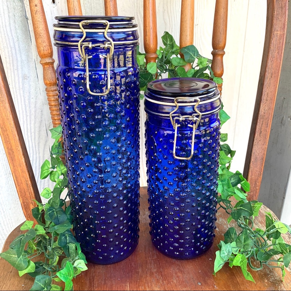 Antique blue spotted canisters